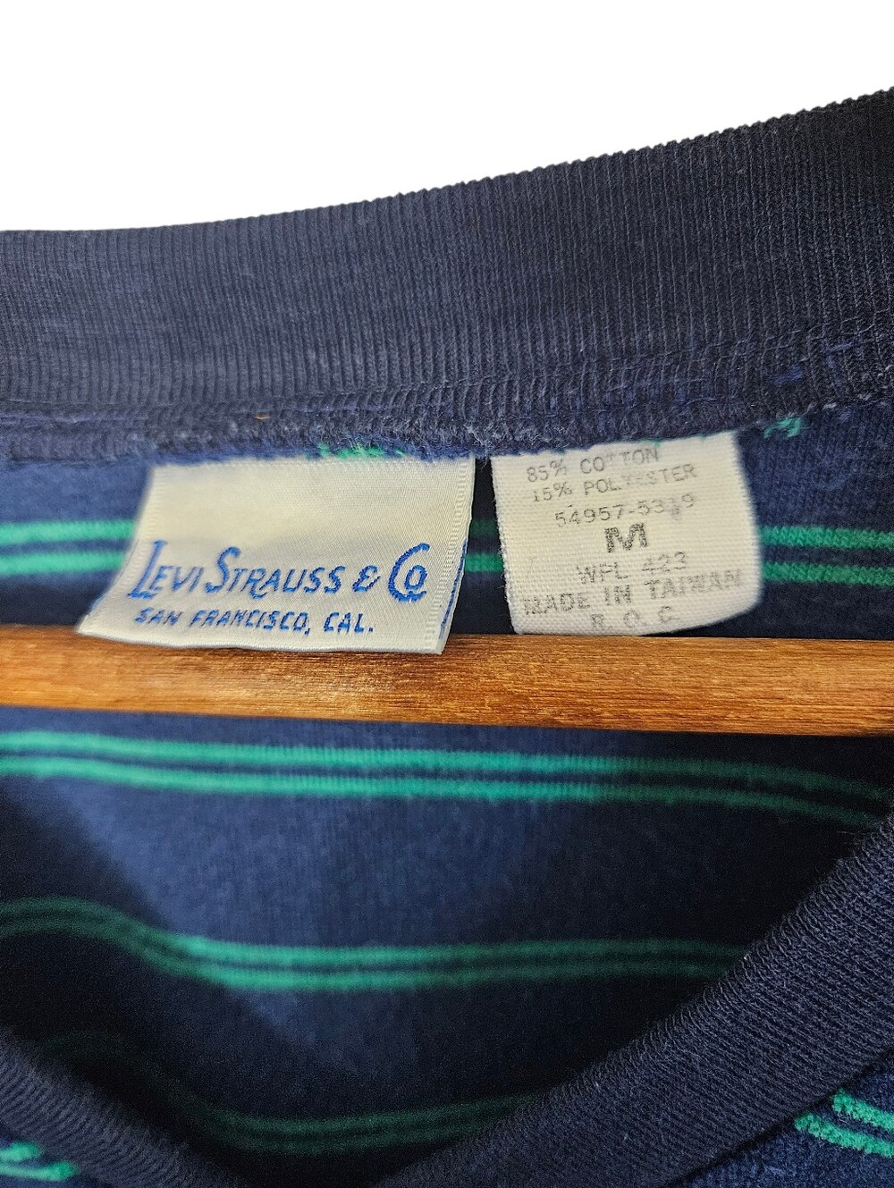 Vintage 80s Levi Strauss & Company Navy Velour V-Neck with Teal Stripes, Medium - Picture 3 of 6